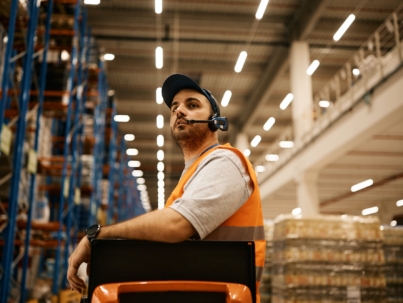 Warehouse worker driving forklift while working at storage compartment.